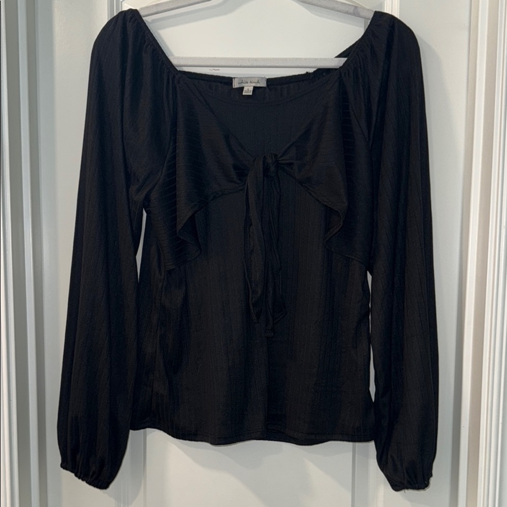 White Birch Black Ribbed Long Sleeve Top with Tie